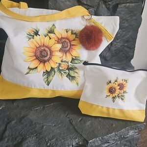 Sunflower Canvas Tote with Matching Pouch - Yellow and White